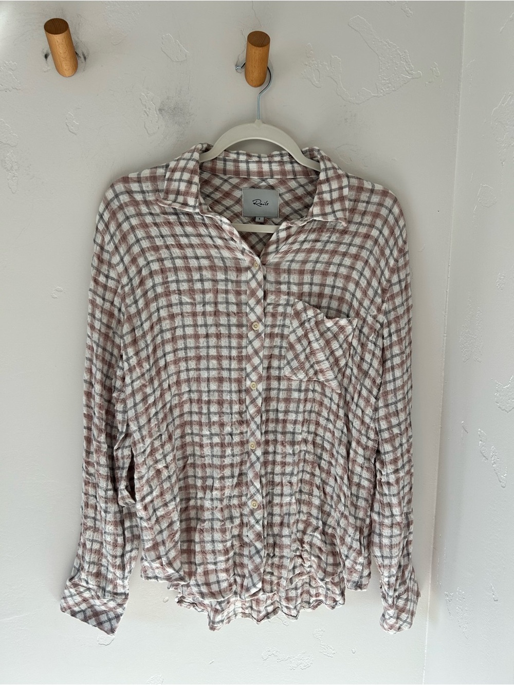 Rails Women's Brady Seersucker Plaid Shirt Sz Small Powder Steel Blush Buttons